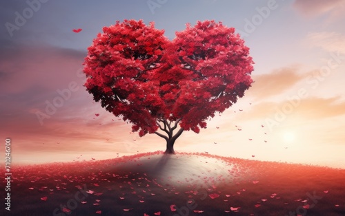 A heart shape tree stands in a field of red flowers , abstract landscape background illustration © tydeline