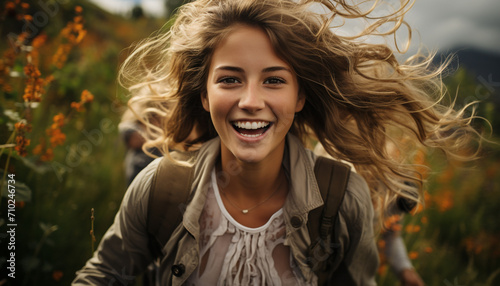 Smiling young woman enjoying nature playful freedom generated by AI