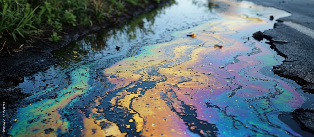Environmentally harmful oil spill on road symbolizing pollution, spills and environmental issues.