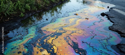 Environmentally harmful oil spill on road symbolizing pollution, spills and environmental issues. © AkuAku