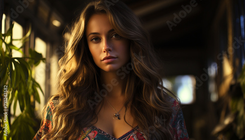 A beautiful young woman with long brown hair, looking at camera generated by AI