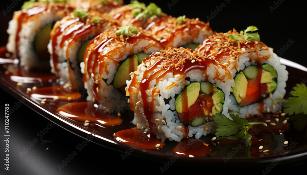 Freshness and cultures on a plate seafood, maki sushi, avocado generated by AI Freshness and cultures on a plate seafood, maki sushi, avocado generated by AI