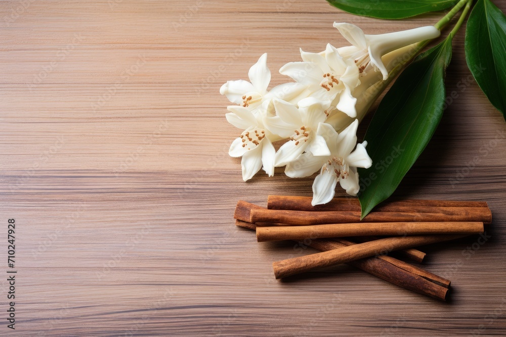 Vanilla and flowers on wood Vanilla and flowers on wood