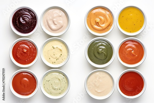 Variety of delicious sauces in bowls from a top view on a white background