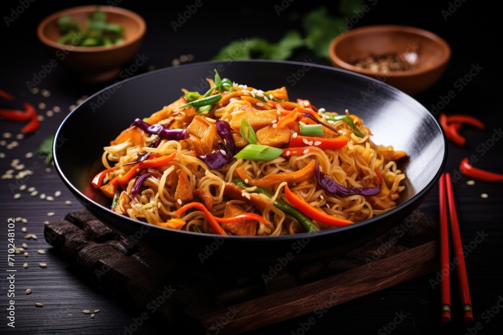 Vegetarian Asian meal of stir fried noodles with red cabbage carrot and a vegan twist presented in a bowl on a black wooden surface Vegetarian Asian meal of stir fried noodles with red cabbage carrot and a vegan twist presented in a bowl on a black wooden surface