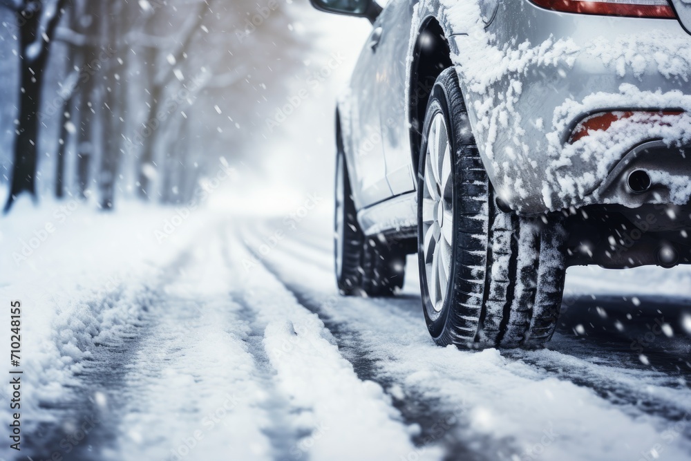 Vehicle navigating snowy alley in morning snowfall tires on winter road covered in snow Vehicle navigating snowy alley in morning snowfall tires on winter road covered in snow