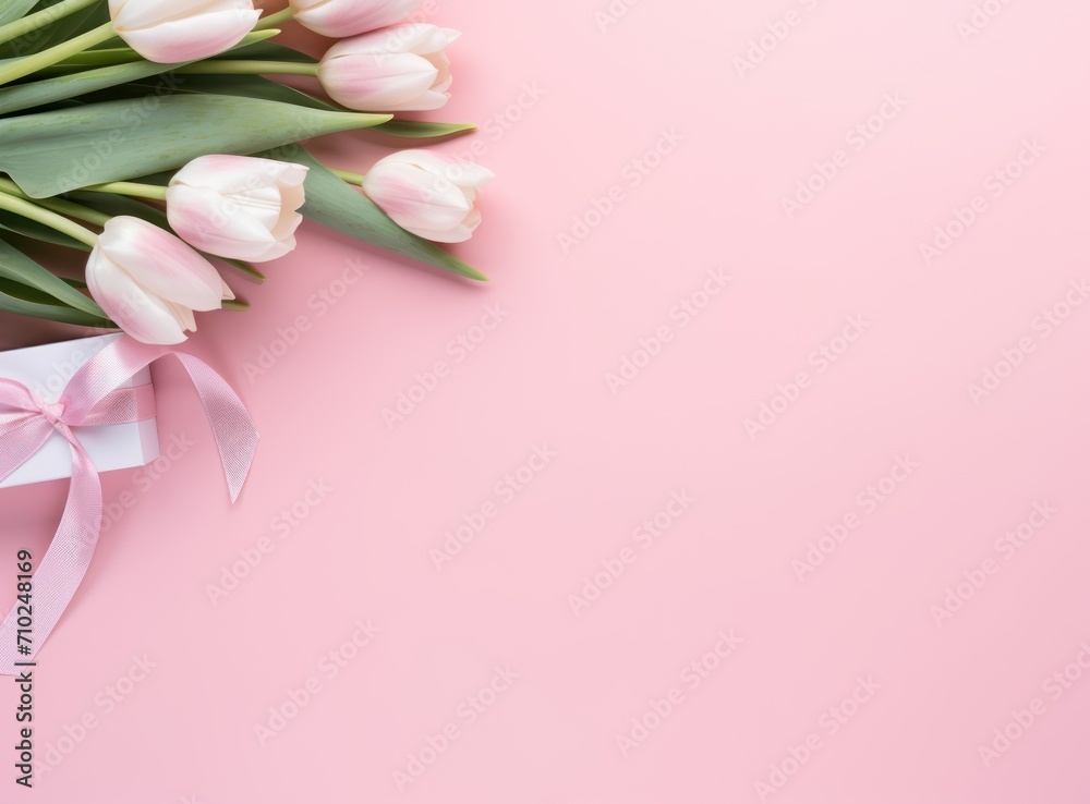 Bouquet white tulips with gift box on a pink background