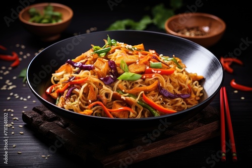 Vegetarian Asian meal of stir fried noodles with red cabbage carrot and a vegan twist presented in a bowl on a black wooden surface