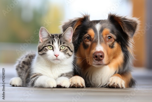 Cat and dog gazing into the camera against a white backdrop