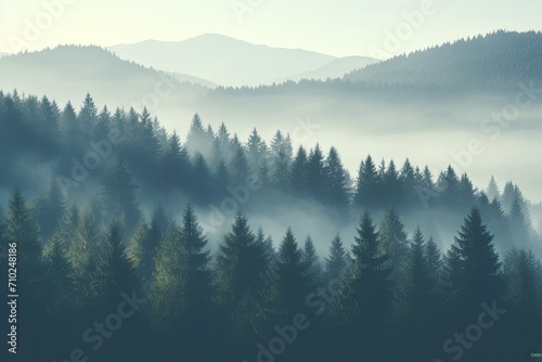 Vintage retro hipster style with foggy mountain landscape fir forest and copyspace © The Big L