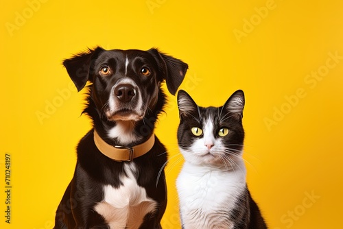Cat and dog posing before yellow background © LimeSky
