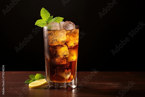 Whiskey soda drink topped with mint and lime served in a tall glass with ice
