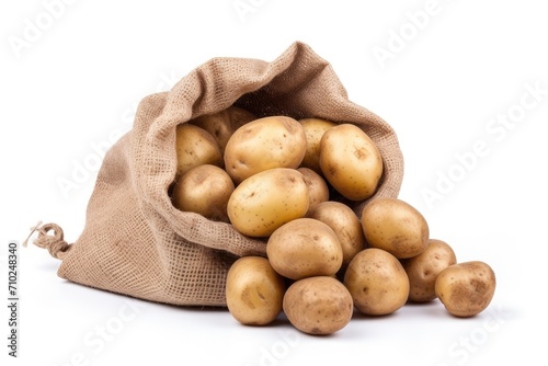 White background isolated burlap sack holding ripe potatoes