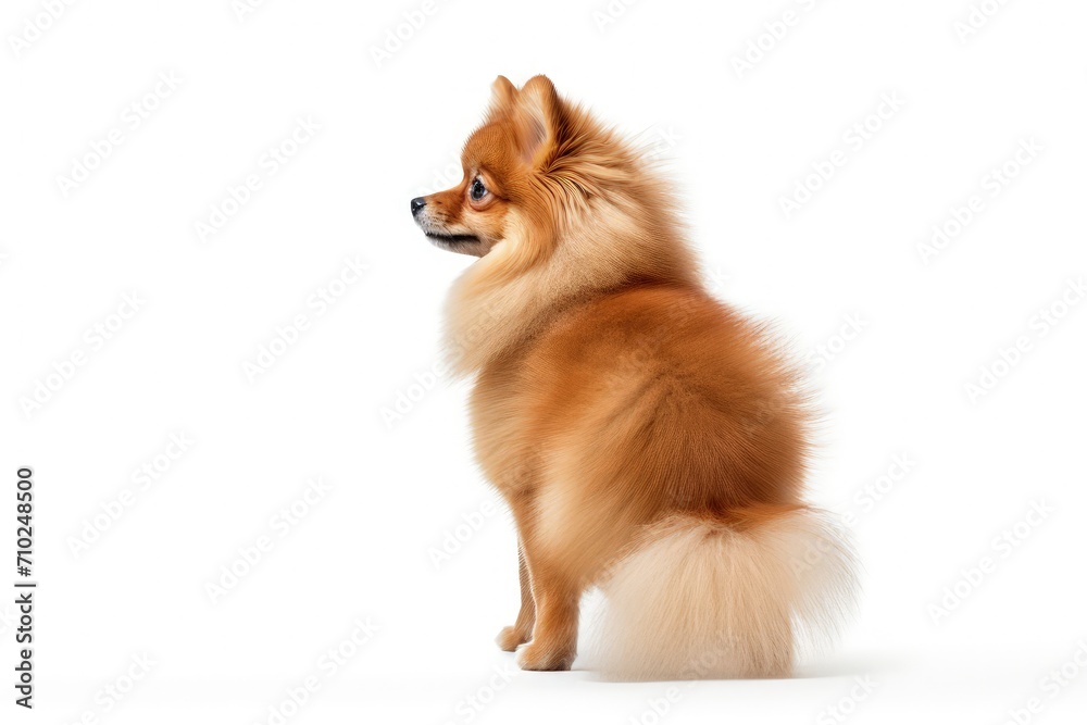 White brown Pomeranian spitz dog standing isolated conveying beauty health vet action and motion Ad friendly background