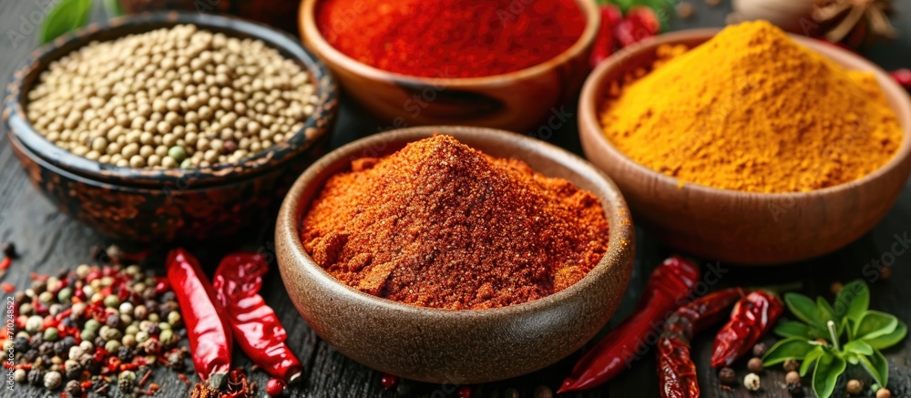 Assorted vibrant Indian spices in bowls, including red chili and chili powder.