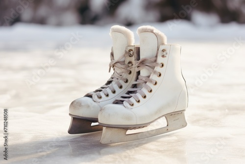White figure skates on ice winter sports health with text space