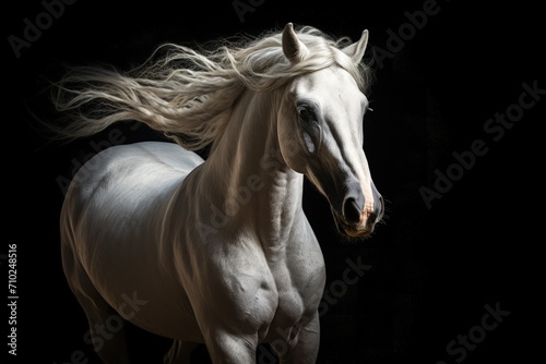 White horse in motion isolated on dark background