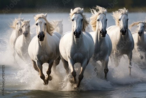 White horses galloping in water