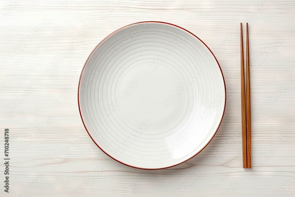 Ceramic plate and chopsticks on white table Ceramic plate and chopsticks on white table