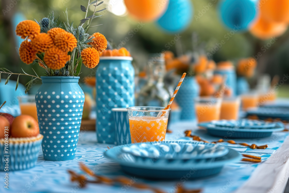 Light blue and orange cups and plates for a party setting
