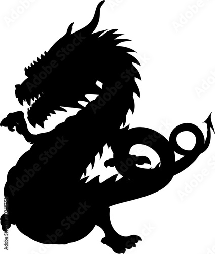 Shape of dancing dragon without wings. Vector illustration of an Asian dancing green wood dragon pointing with its right paw finger. Chinese dragon with horns, teeth, mustache, paws, tail and horny s