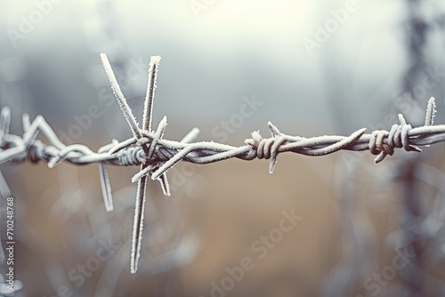 Winter day with cloudy sky barbed wire on the light fence background photo