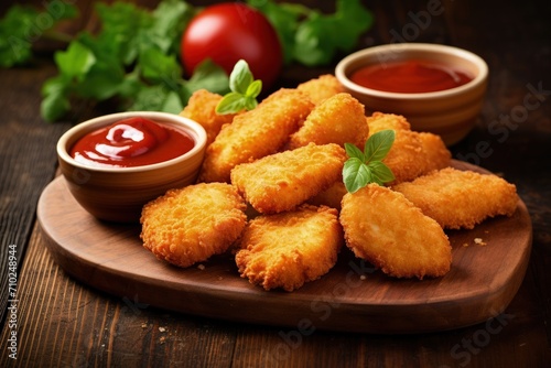 Wooden background with chicken nuggets and tomato sauce Empty area available for copying