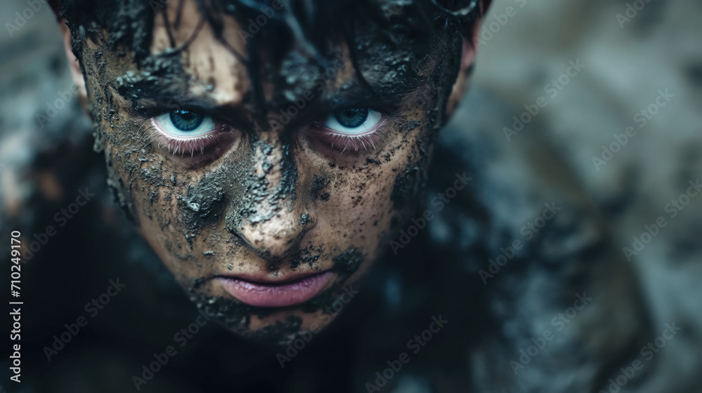Child's intense gaze with face covered in mud. Child's intense gaze with face covered in mud.
