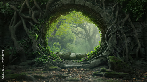 Fototapeta Naklejka Na Ścianę i Meble -  Mystical forest portal with entwined tree roots.