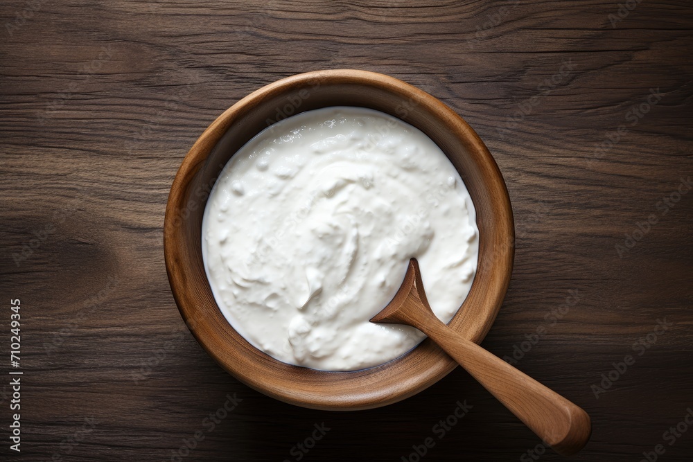 Yogurt in a wooden bowl from above Yogurt in a wooden bowl from above