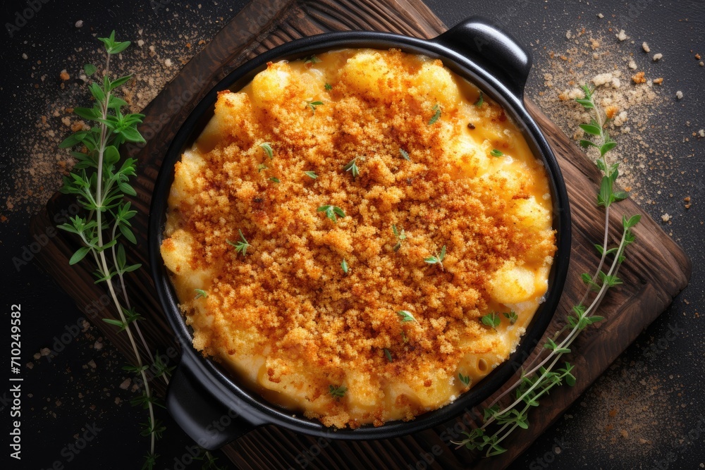 Top view of American style mac and cheese with cheesy sauce and breadcrumbs on dark rustic table