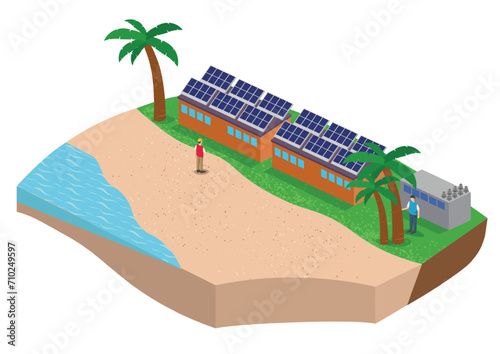 Solar Panels are Located on the Beach | Isometric Renewable energy