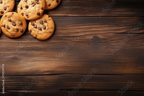 Chocolate chip cookies on rustic table space for text top view