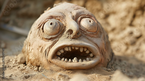 Sand sculpture of a grotesque, startled face.