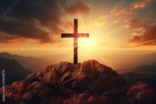 Christian cross on a stunning mountain backdrop with dramatic lighting and sun rays symbolizing Easter and Jesus Christ s resurrection photo