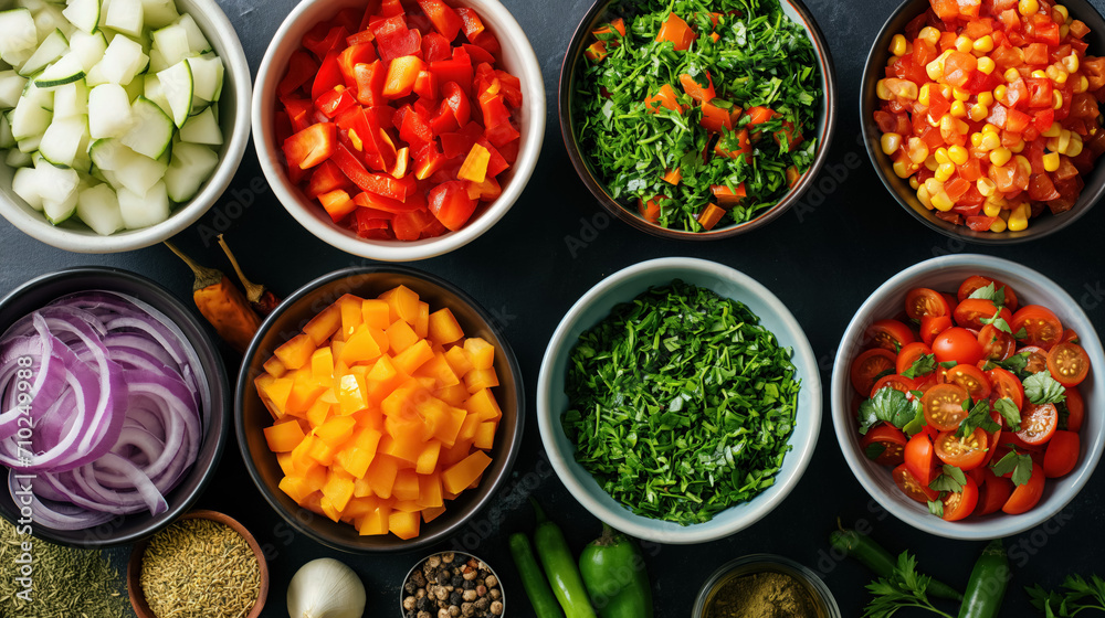 Various chopped vegetables in organized bowls.