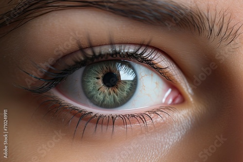 Close up of a beautiful woman s tired green eye with contact lenses Dry eye relief demonstrated using eye drops photo