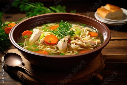 Close up of a bowl of soup on a wooden table