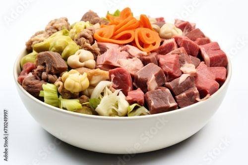 Close up of a white background showcasing a bowl of raw dog food containing natural ingredients like meat tripe gizzard egg veggies and supplements
