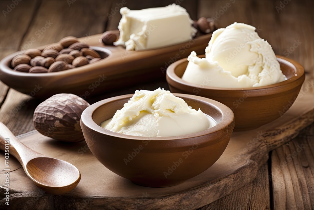 Close up of shea butter in spoons and bowls on a wooden background Close up of shea butter in spoons and bowls on a wooden background