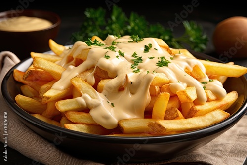 Close up of freshly cooked Belgian mayonnaise potato chips photo