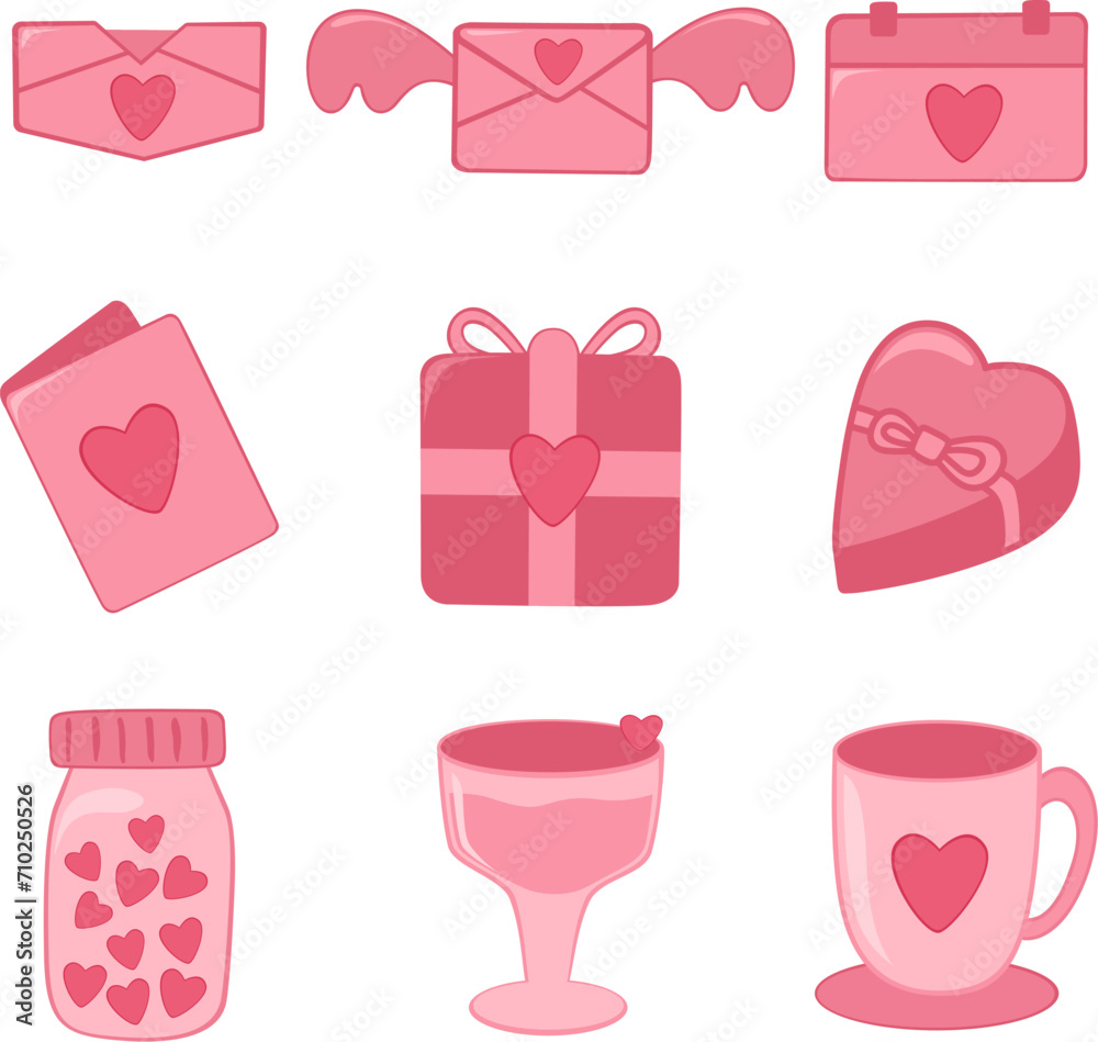 Set of Valentine's day hand drawn vector illustration. Love envelopes, winged envelopes, calendars, love books, gifts, heart-shaped gifts, jars, drinking glasses and cups. Set of Valentine's day hand drawn vector illustration. Love envelopes, winged envelopes, calendars, love books, gifts, heart-shaped gifts, jars, drinking glasses and cups.