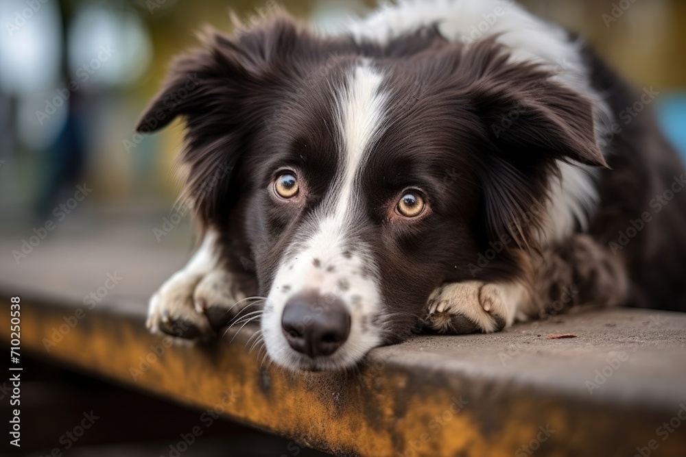 Collie dog appears lost and despondent in the park with sad eyes and a thoughtful expression Nearby a homeless dog also looks sad and contemplative The