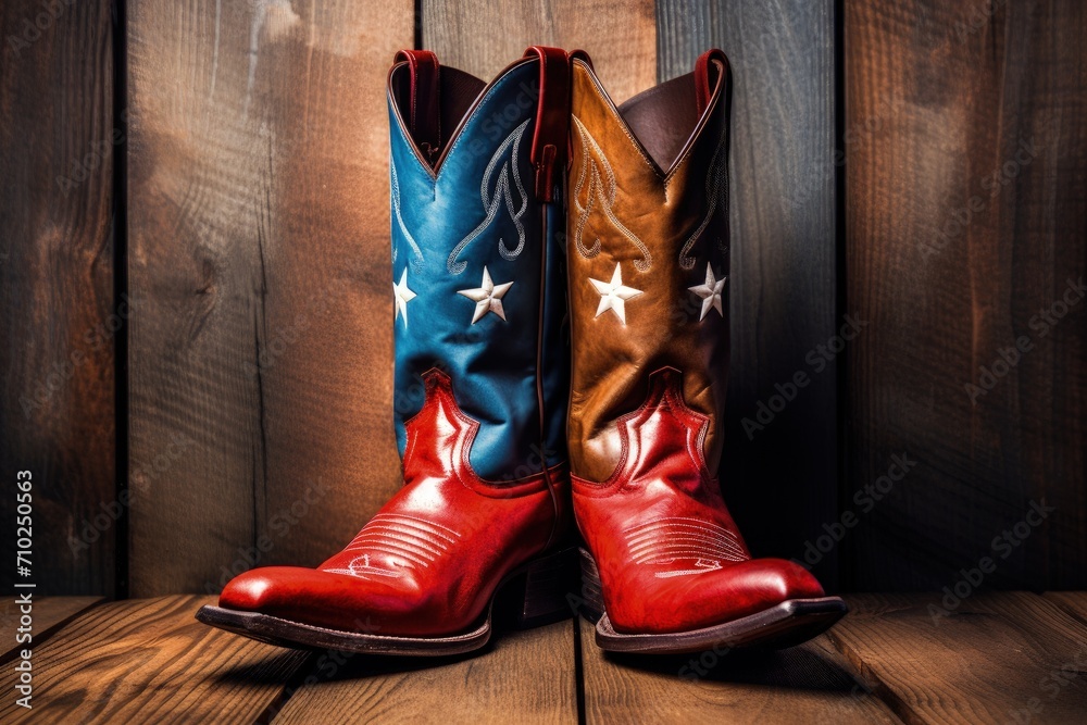 Colorful blue and red cowboy boots and hat placed on wooden background