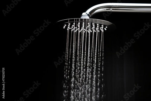 Contemporary isolated shower head with water on black background photo