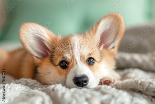 Welsh corgi puppy lies in the bedroom on the bed covered with a blanket