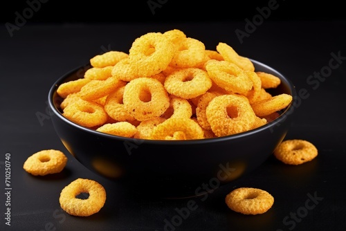 Corn rings chips sprinkled in black bowl on white background photo