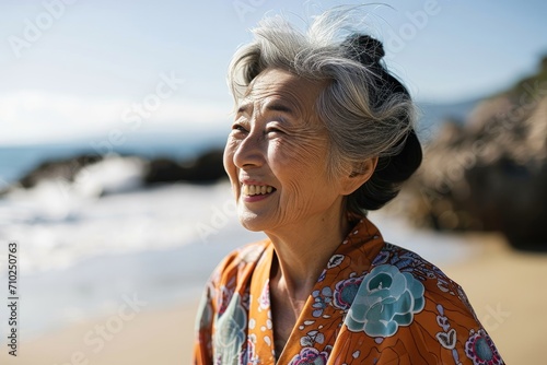 ビーチで微笑む日本人のシニア女性, Generative AI