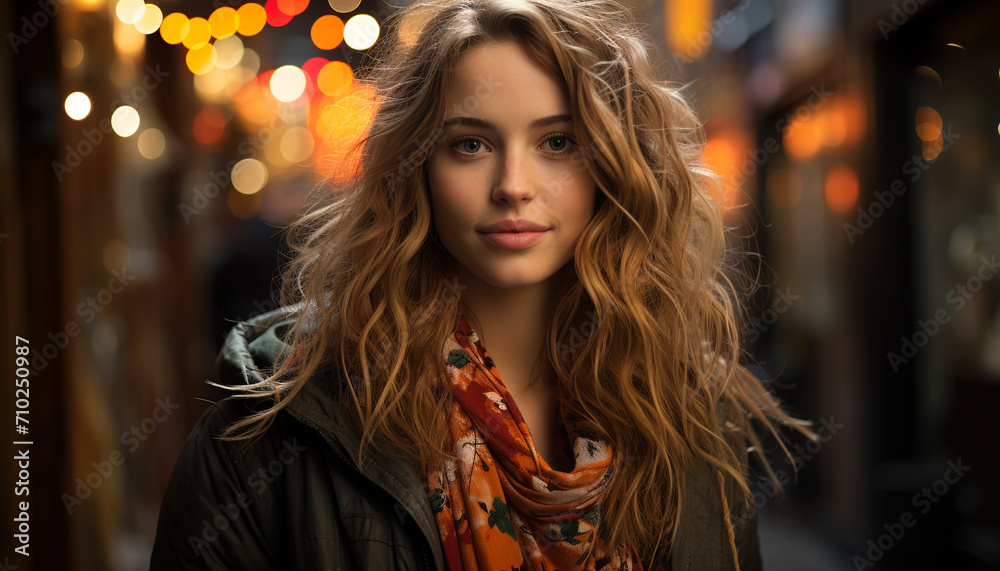 Fototapeta premium Young woman outdoors, looking at camera, smiling generated by AI