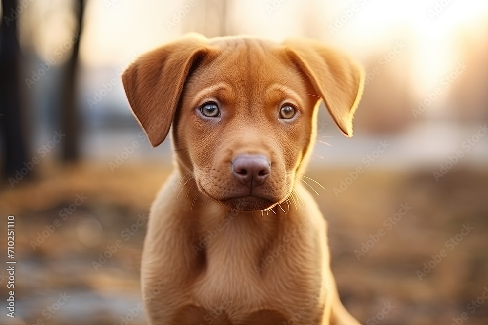 Cute brown puppy closeup outdoors in daylight representing care education and raising pets